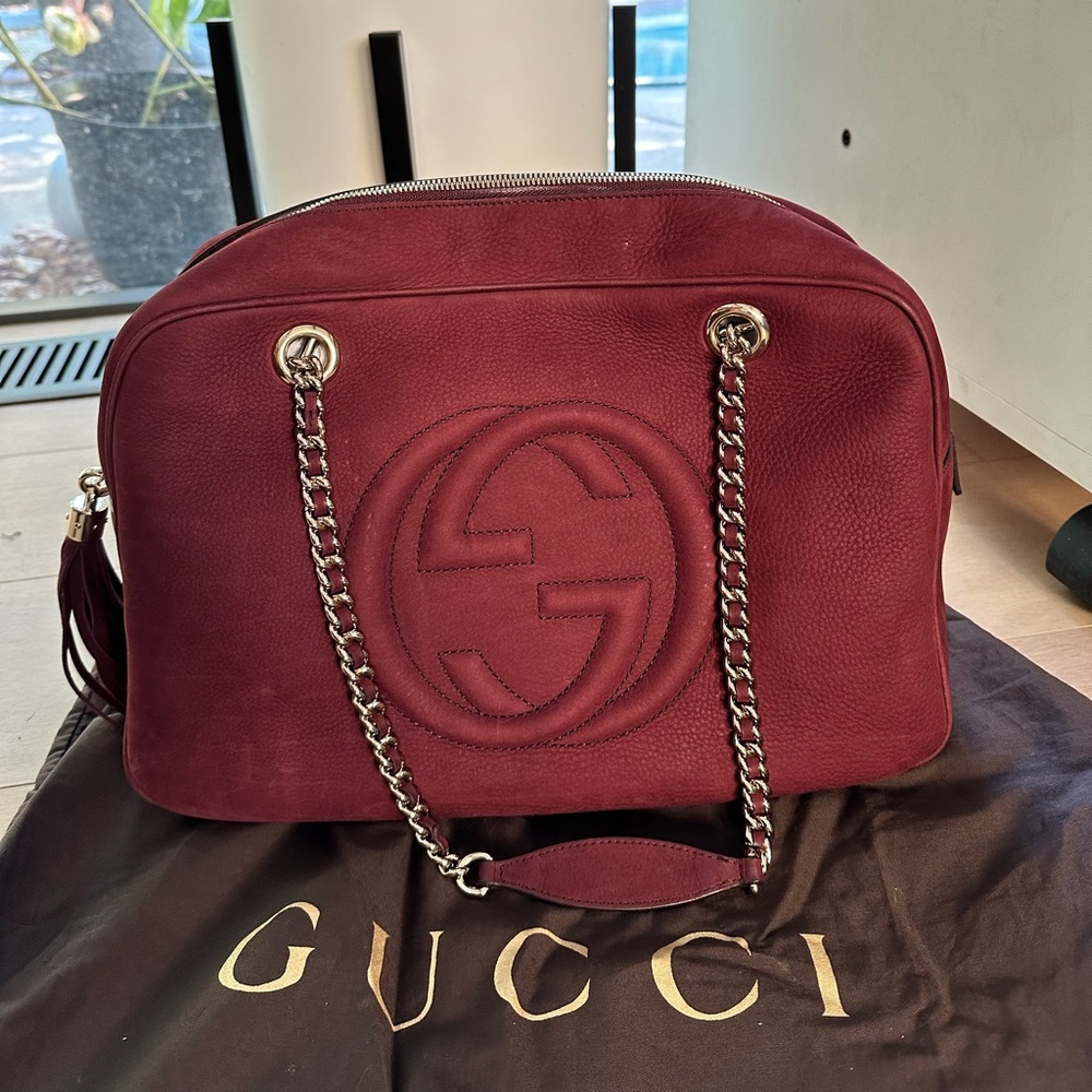 Gucci Burgundy Suede Bag Limited Edition for Bloomingdale kept in dust bag.